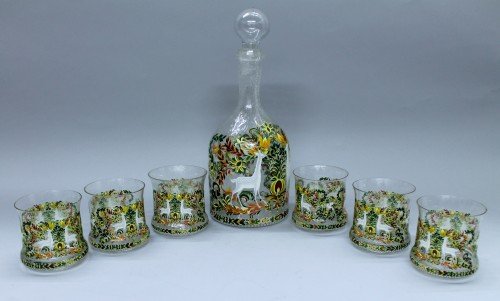 BOHEMIAN ENAMELLED BOTTLE AND SIX GLASSES: BOHEMIAN ENAMELLED BOTTLE AND SIX GLASSES. THE BOTTLE MEASURES H: 13 1/2" AND THE CUP MEASURES H: 6 1/2"