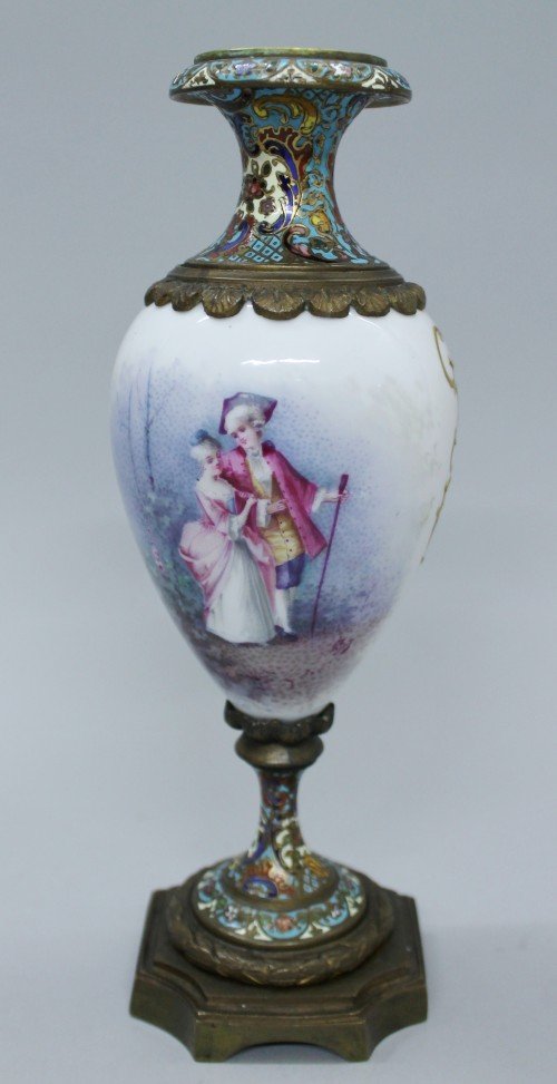 FRENCH CHAMPLEVE ENAMEL PORCELAIN VASE: FRENCH CHAMPLEVE ENAMEL PORCELAIN VASE. MEASURES H: 9 3/4"