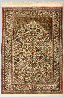 Persian silk Qum rug: Persian silk Qum rug, with the "Tree of Life," design. 6'8" x 4'4", Circa - Second half 19th C.
