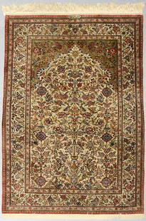 Persian silk Qum rug: Persian silk Qum rug, with the "Tree of Life," design. 6'8" x 4'4", Circa - Second half 19th C.