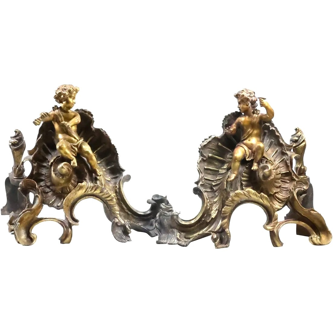 A pair of Antique 19th Century Bronze Fireplace Chenets with Cupid Figures, Good Patina (1 of 19)