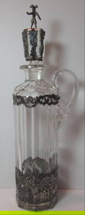Dutch Silver & Cut Crystal Decanter Bottle C1850: Dutch Silver & Cut Crystal Decanter Bottle C1850. 11 1/2" Inch Tall Nineteenth Century Antique Hallmarked Netherlands Sterling Mounted Or Overlay Clear Glass Liquor Container.