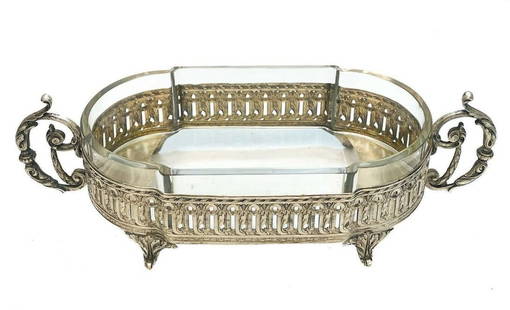 Austrian Silver Glass Double Twin Footed Bowl: Austrian silver mounted glass double handled footed bowl. Hand chased laurel leaf swags with beaded accents to the silver. Tested for at least 800 silver. Weight Approx., 12 ozt Measures Approx., 14 i