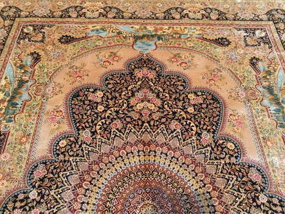 Important Oriental Pure Silk Handwoven Large Room Size Rug: Important Oriental Pure Silk Handwoven Large Room Size Rug Important super fine Pure Silk on Silk Handwoven room-size rug Signed TABRIZI in Persian letters This lovely silk rug measures 9 feet wide by