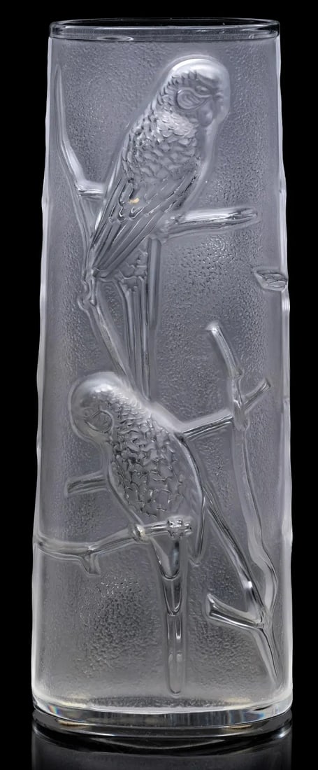 Large 8 1/2" Lalique Paris Parakeet Decorated Crystal Lune Vase (1 of 4)
