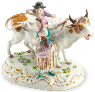 19th Century Meissen Porcelain Figural Group Farmers with Cow: 19th Century Meissen Porcelain Figural Group Farmers with CowMarks: (blue crossed swords)Dimensions: 6 x 9 x 5 inches (15.2 x 22.9 x 12.7 cm)