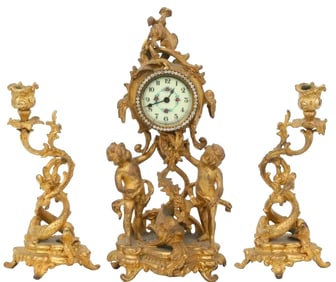 Three-Piece Antique Circa 19th Century Figural Clock Garniture
