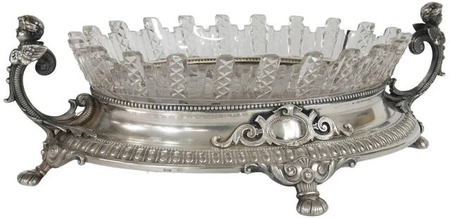 Large 19th Century Eduard Foerh German 800 Silver Centerpiece: Large 19th Century Eduard Foerh German 800 Silver Centerpiece 12.5" L, 4.125" H, 9" W German 800 silver centerpiece Eduard Foehr (Stuttgart, 1835-1904) Cut glass bowl, seated in an 800 silver frame, w