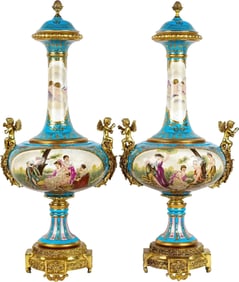Large 30" Pair of Sevres Style Porcelain Covered Vases