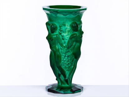 Figural Glass Vase With Malachite Base: Figural Glass Vase With Malachite Base. Measures 8 1/2"
