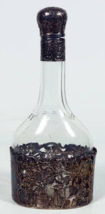 Silverplate Decorated Bottle: 10" H 5" W
