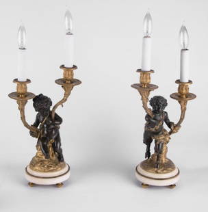 Pair Of 19Th C. French Bronze & Marble Figural: 22 Inches In Height And Have A 6 Inch Diameter Base.
