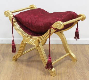 Contemporary Gold-Painted Tassel Upholstered Bench: Contemporary Gold-Painted Tassel Upholstered Bench. Approx. 23" H X 29" W X 17 1/2" D.