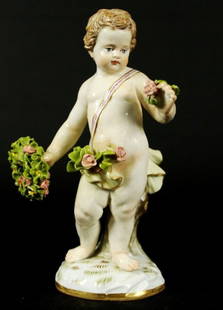 19Th C. Meissen Porcelain Figurine: Child With Wreath Of Flowers, Incised Mark A69, W124, Blue Cross Sword Mark. Approx. 5" H. Meissen porcelain or Meissen china was the first European hard-paste porcelain. Early experiments were done i