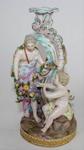 Large 8 1/4"H Meissen 19Th C Porcelain Figural Candle: Meissen 19Th Century Porcelain Figural Candle Holder. Woman & Child Holding A Floral Garland. Marked With Crossed Swords. Red #2 Period-Decorator'S Mark. Stamped Incised 183. Script Incised 1104