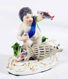 Meissen "Water" Porcelain Figure: 5" W 4.5" H Meissen porcelain or Meissen china was the first European hard-paste porcelain. Early experiments were done in 1708 by Ehrenfried Walther von Tschirnhaus. After his death that October,
