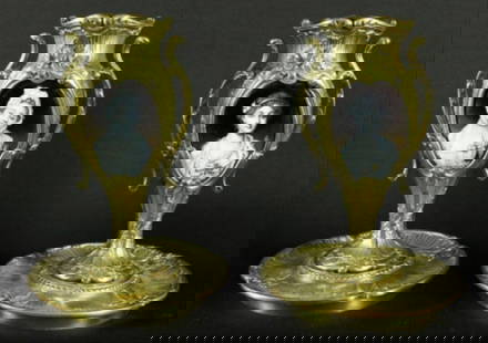 Pair Of Limoges Bronze Vases With Enamel Plaque Inserts: Pair Of Limoges Bronze Vases With Enamel Plaque Inserts. Measures H: 8 1/4"