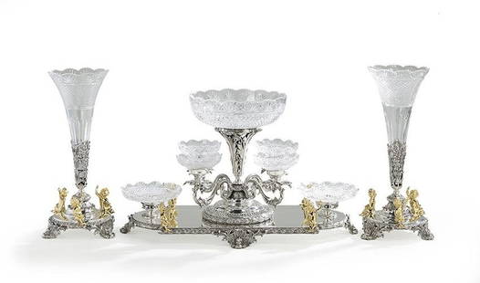 Three-Piece Silverplate & Glass Table Garniture: Contemporary Three-Piece Parcel-Gilt Silverplate And Cut Glass Table Garniture, Sheffield, England, Including An Epergne-On-Plateau With A Central Openwork Acanthus Frond Standard Surrounded By Four