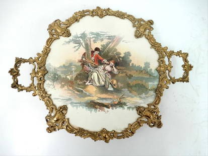 Bronze Mounted Porcelain Tray: Bronze Mounted Porcelain Tray With Courting Scene, Impressed Number 30 On Back, 1 3/4" High X 16 1/2" X 16"