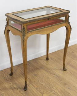 19Th Century Bronze Mounted French Vitrine: 19Th Century Bronze Mounted French Vitrine. Lift-Top. 1920S, Refinished In The 1950S. Red Velvet Interior. Approx. 34 1/2" H X 24 1/2" W X 15 1/2" D. (6096)