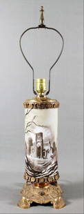 19Th Century Bacarrat Glass And Bronze Table Lamp With: 19Th Century Bacarrat Glass And Bronze Table Lamp With Castle Scene H 25 1/4" W 6 1/4"