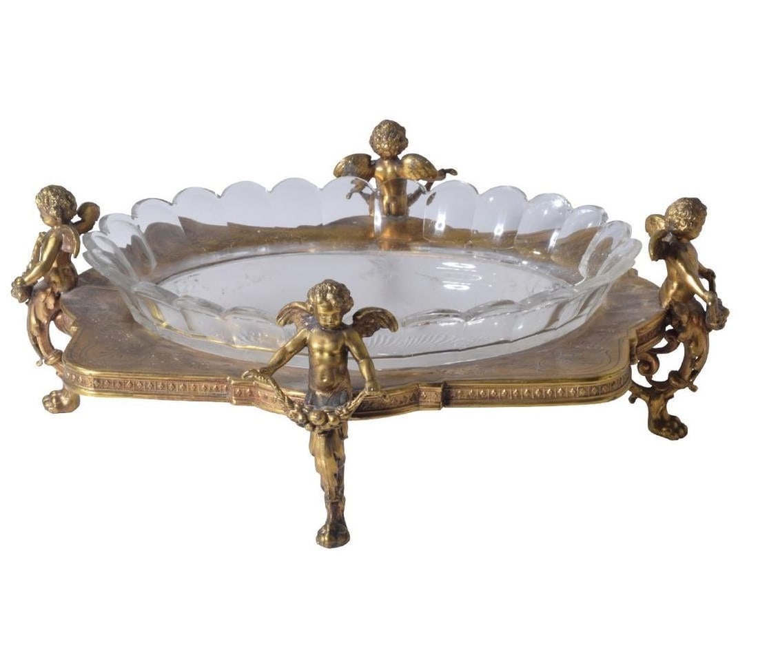 Early 20Th C. Gilt And Crystal Figural Centerpiece: Early 20th C. Gilt and Crystal Figural Centerpiece. With Putti, measures 5" x 16" x 14"