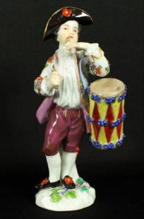 Meissen Boy With Drum And Flute: Meissen Boy With Drum And Flute. Measures H: 5 1/4" Meissen porcelain or Meissen china was the first European hard-paste porcelain. Early experiments were done in 1708 by Ehrenfried Walther von Tschir