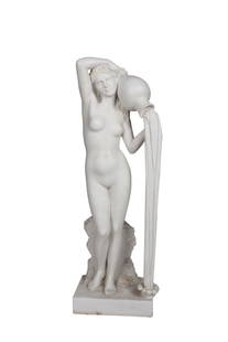 Carved Marble Figure Of A Woman: 20th Century, unsigned Provenance: The Estate of Lee Phillip Bell, co-creator of 'The Young and the Restless' and 'The Bold and the Beautiful' Condition: chip to base of water jug; minor chips to surf