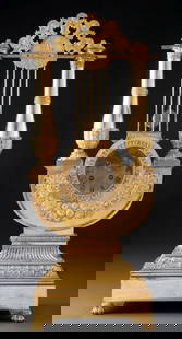 A Charles X-Style Lyre-Form Gilt Bronze Mantel C: A Charles X-Style Lyre-Form Gilt Bronze Mantel Clock, 19th century Marks: 7-2, 563 22-3/4 x 10 x 6-1/4 inches (57.8 x 25.4 x 15.9 cm)