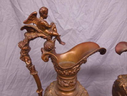 Renaissance Style Bronze Ewer: Renaissance Style Bronze Ewer, Overall Cast Embellishments Of Winged Cherub, Figure In Chariot, Grape Clusters And Leaves, And Rams Head. Continental, 19Th C, 21 1/2"H