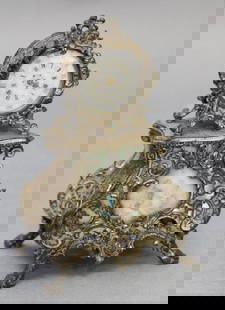 Miniature Austrian Viennese Enamel And 800 Silver Clock: Louis Xv Style With Floral Openwork, White Face With Hand Decorated Numerals, Viennese Enamel Plaque In Center. 4.25"H X 2.75"W X 2"D