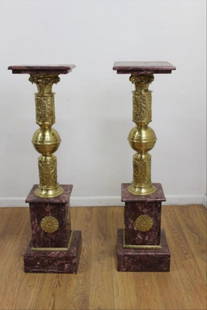 Pair Marble & Bronze Pedestals With Bronze Ormolu: Pair Marble & Bronze Pedestals With Bronze Ormolu. Contemporary. Approx. 53" H X 12" W.
