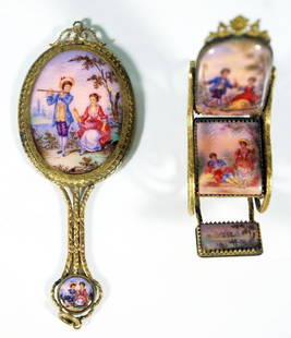 Bronze And Enamel Dresser Set Depicting Courtship: Mirror 6" L Vitreous enamel, also called porcelain enamel, is a material made by fusing powdered glass to a substrate by firing, usually between 750 and 850