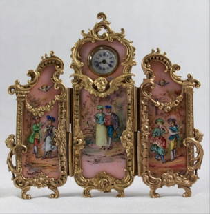 Large Viennese Austrian Enamel 3 Panel Screen Clock: Viennese Enamel 3 Panel Screen Clock, Pink Ground, Measures 5 7/8" X 4 3/4"