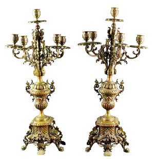Pair Of 19Th C. Bronze Candelabras: Pair Of 19Th C. Bronze Candelabras. Measures H 24 1/2" W 12"