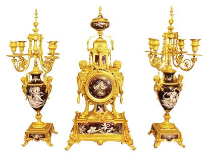 Monumental 19Th Century Limoges Enamel Clock Set: Monumental 19Th Century Limoges Enamel Clock Set. The Clock Measures H: 24" W: 12 1/4" And The Candelabras Measure H: 24"