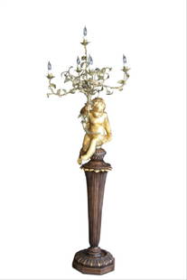 French Gesso Carved Cherub Lamp W/ Pedestal: Overall Height- 77"