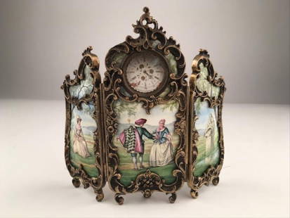 Antique French Enamel Three Hindged Screen: Antique French Enamel Three Hindged Screenwith Romantic Panels.Overall Height 5 1/2 Inches. Width 7 1/2 Inches.(Clock Not Working).