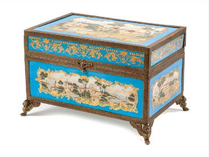 A Sevres Style Gilt Bronze Mounted: A Sevres Style Gilt Bronze Mounted Porcelain Table Casket Height 8 1/2 x width 13 1/2 x depth 9 1/2 inches. The Manufacture nationale de S??????????????????????????????????????????????????????????????