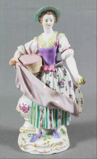 Meissen Figure Of Woman With Pillow: Meissen Figure Of Woman With Pillow. Measures H: 7 3/4" Meissen porcelain or Meissen china was the first European hard-paste porcelain. Early experiments were done in 1708 by Ehrenfried Walther von Ts