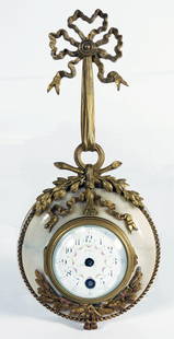 French Miniature Bronze And Marble Cartel Clock: 11" H 5.5" W