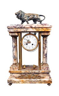 White Marble Mantle Clock With Bronze Lion: 20" H 12" W 5" D