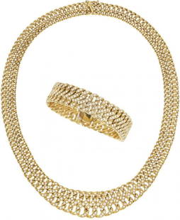 Diamond, Gold Jewelry Suite: Diamond, Gold Jewelry Suite The Suite Consists Of A Necklace And Bracelet Featuring Full-Cut Diamonds Weighing A Total Of Approximately 10.00 Carats, Set In 18K Gold. Gross Weight 155.00 Grams. Neckla