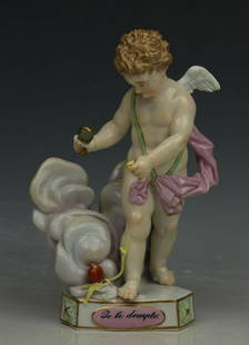 Meissen Acier Figurine F16 "Je Le Dompte": MANUFACTURE: Meissen (GERMANY)SCULPTOR: Michel Victor Acier in circa 1775NAME: Je le Dompte (Cupid with Mirror)NUMBER: F16SERIES: Cupids MottoCONDITION: Mirror was restored. Missing part of ribbon.HEI