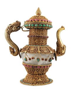 Rock Crystal Teapot Encrusted With Emeralds And Rubies: Rock Crystal Teapot Encrusted With Emeralds And Rubies, Measures 13 1/2" X 10 1/2"