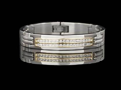 14K Yellow Gold/Stainless Steel And Diamond Bracelet: 14K Yellow Gold/Stainless Steel And Diamond Bracelet. 14K Yellow Gold/Stainless Steel, The Flexible Link Bracelet Mounted With Round Brilliant-Cut Diamonds Weighing Approximately 0.50 Carats In Total.