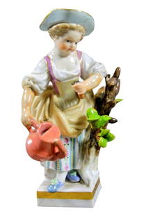 19Th C. Meissen Figure Of Woman: 19Th C. Meissen Figure Of Woman. Measures H 4 1/4" Meissen porcelain or Meissen china was the first European hard-paste porcelain. Early experiments were done in 1708 by Ehrenfried Walther von Tschirn