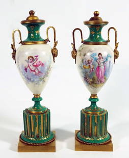 Pair Of Porcelain Covered Urns: 12.5" H 4.5" W