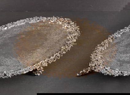 Romantic Silverplate Plateau Serving Tray: Romantic Plateau Serving Tray, Possibly Georgian England, Silverplate, Basemetal, Elaborately Sculpted Lion, Figural And Floral Themed Border And Feet, Intricately Etched With Floral Pattern,