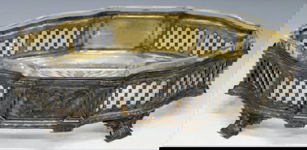 Antique Silverplated Openworked Centerpiece W/ Glass: Openwork Centerpiece, Central Cartouche With Crossed Torch And Quiver Of Arrows, Colorless Crystal Liner, Approx 3.25"H, 12"W, 6.5"D; 8.25Lbs